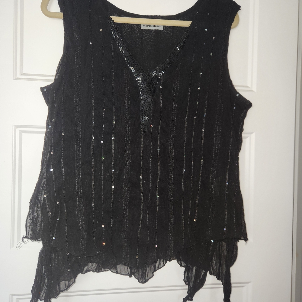 Elegant Black Sequin Blouse Top. Asymmetrical Hem. Vintage. Made In Canada